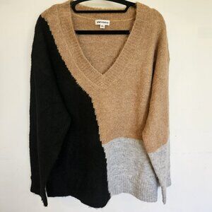 Vigoss Sweater Size XL Colorblock V Neck Knit Cozy Pullover Long Sleeve Tan